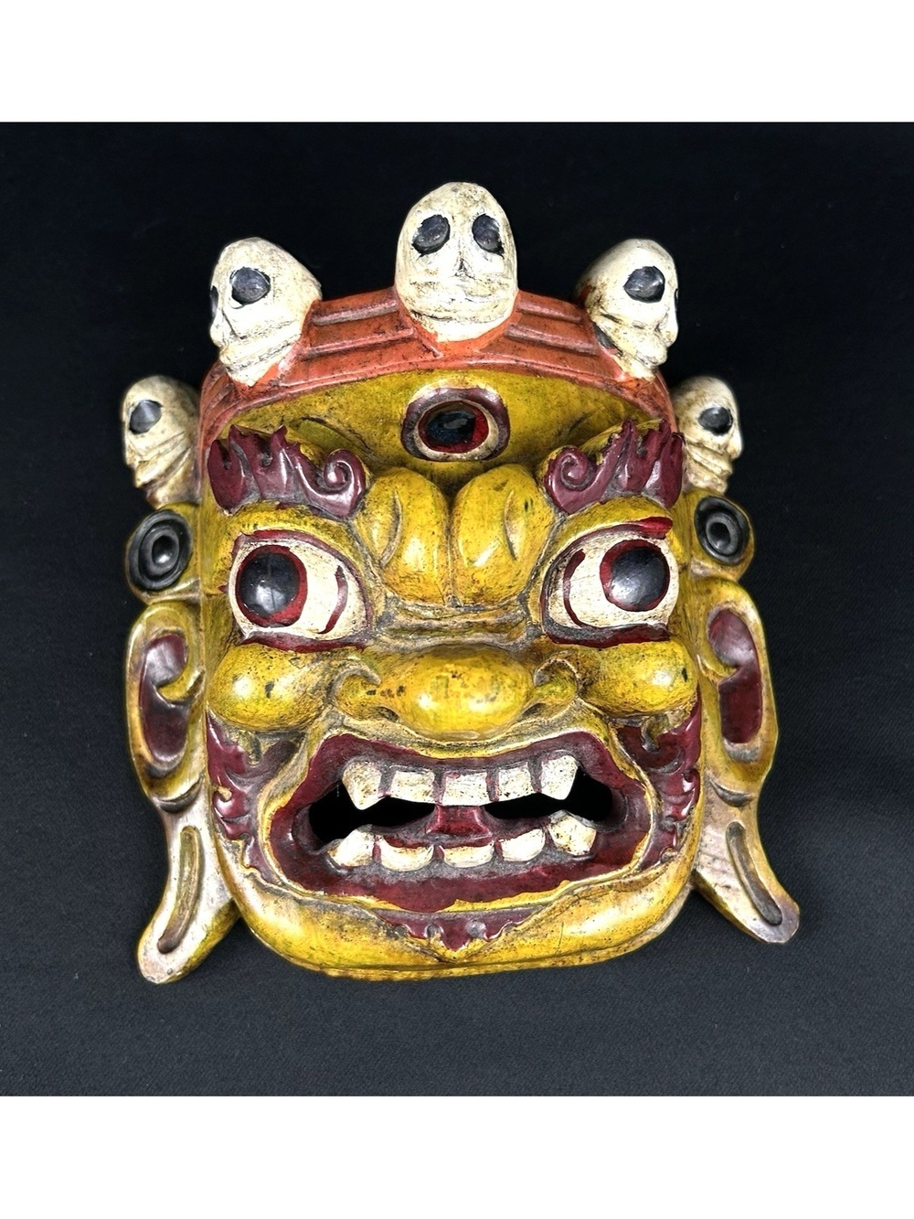 Hand Carved Tibetan Buddhist Mahakala Wooden Mask Wall Decor Hanging 6"